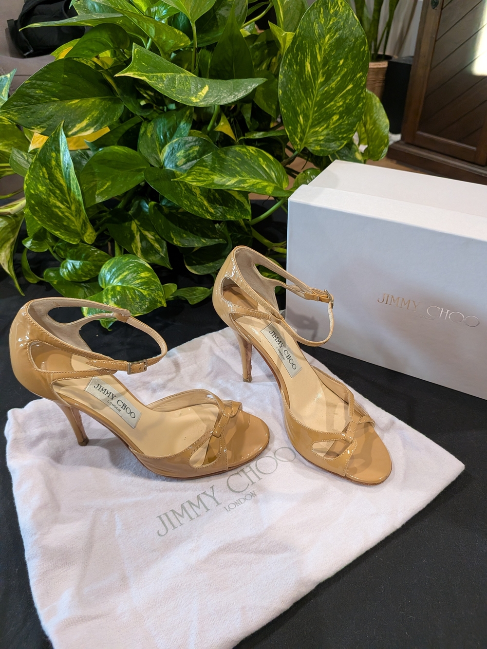 Jimmy Choo Women's Beige Patent Leather Ankle-Strap Sandals